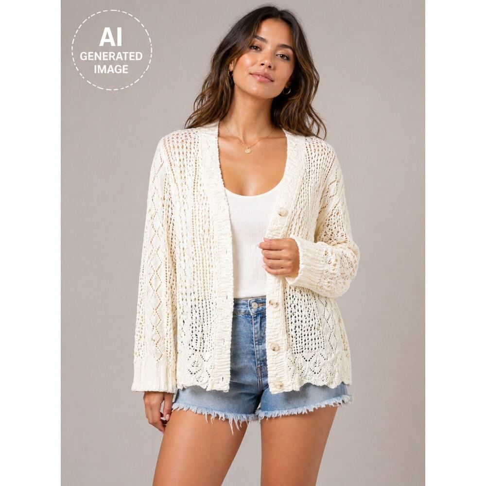 LIV Los Angeles Ivory Knit Cardigan Open Front Button Boho M
